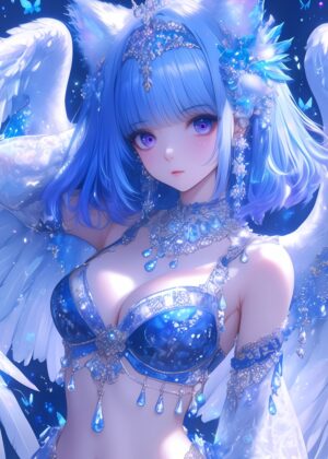 Celestial Serenity: Blue-Haired Angelic Artwork - Premium Wooden Framed Poster. Ready to Hang.