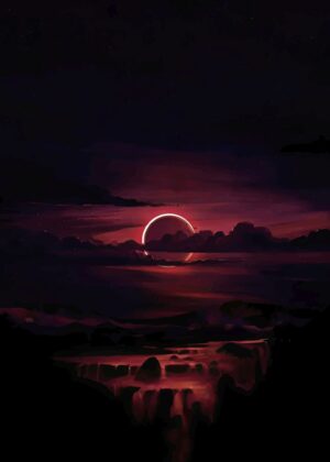 Crimson Eclipse: A Dark Fantasy Landscape - Premium Wooden Framed Poster. Ready to Hang.