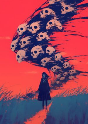Girl Facing a Storm of Skulls: A Surreal Art Print - Premium Wooden Framed Poster. Ready to Hang.