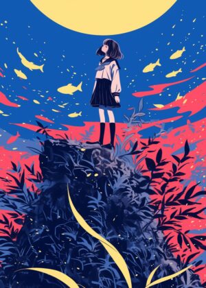 Girl Gazing at the Moon: A Dreamlike Artwork - Premium Wooden Framed Poster. Ready to Hang.