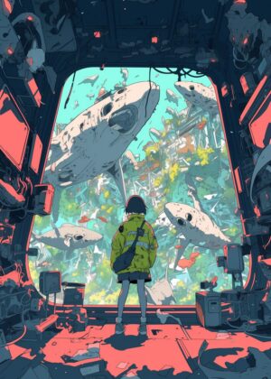 Futuristic Cityscape with Sharks: A Cyberpunk Ocean Dream - Premium Wooden Framed Poster. Ready to Hang.