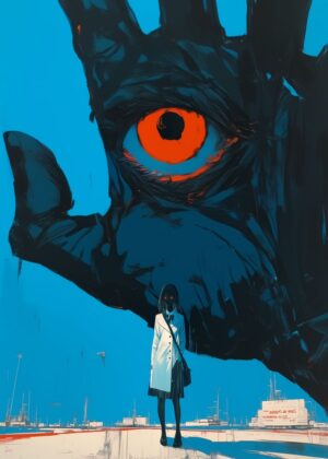 Giant Eye and Girl: A Surreal Encounter - Premium Wooden Framed Poster. Ready to Hang.