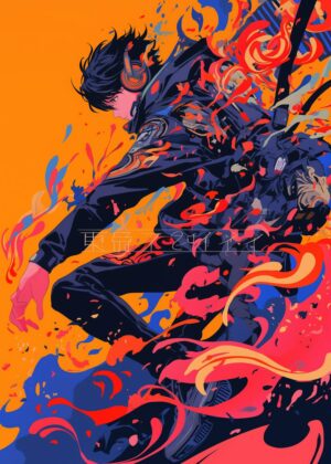 Dynamic Anime Boy with Headphones: Vibrant Art Print - Premium Wooden Framed Poster. Ready to Hang.