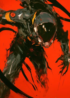 Cyberpunk Mech Warrior: Fiery Red Digital Art Print - Premium Wooden Framed Poster. Ready to Hang.