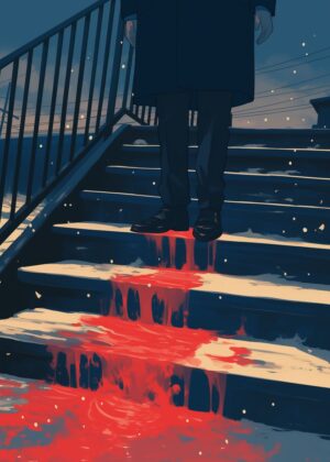 Blood on the Stairs: A Haunting Artwork - Premium Wooden Framed Poster. Ready to Hang.