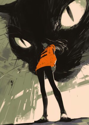 Girl Facing Giant Cat: A Powerful Artwork - Premium Wooden Framed Poster. Ready to Hang.