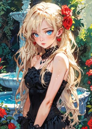 Anime Girl with Red Roses: A Beautiful Digital Painting - Premium Wooden Framed Poster. Ready to Hang.