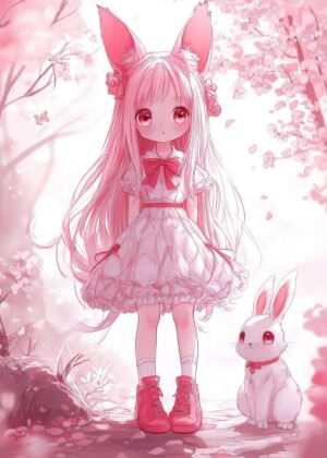 Pink Bunny Girl Anime Kawaii Art Print - Premium Wooden Framed Poster. Ready to Hang.