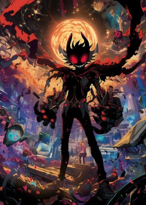Dark Figure Dominates Futuristic Cityscape - Premium Wooden Framed Poster. Ready to Hang.