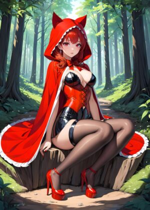 Anime Red Riding Hood: Enchanting Forest Fantasy - Premium Wooden Framed Poster. Ready to Hang.