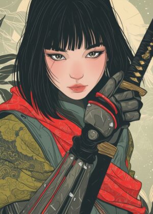 Cyberpunk Samurai Woman: Anime Art Print - Premium Wooden Framed Poster. Ready to Hang.