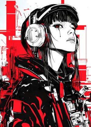 Cybergoth Anime Girl: Headphones and Urban Dreams - Premium Wooden Framed Poster. Ready to Hang.