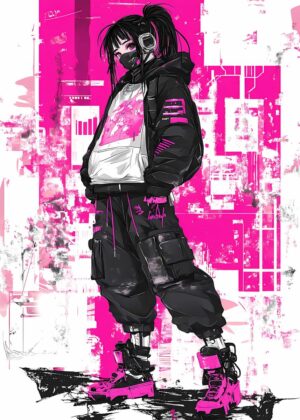 Cyberpunk Anime Girl: Digital Art Print - Premium Wooden Framed Poster. Ready to Hang.