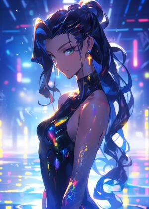 Cyberpunk Anime Girl in Neon Cityscape - Premium Wooden Framed Poster. Ready to Hang.