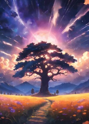 Magical Tree Landscape: A Whimsical Sunset Scene - Premium Wooden Framed Poster. Ready to Hang.