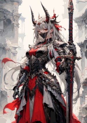 Anime Warrior Woman: Fierce and Elegant - Premium Wooden Framed Poster. Ready to Hang.