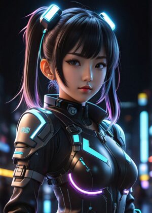 Cyberpunk Anime Girl: High-Resolution Digital Art Print - Premium Wooden Framed Poster. Ready to Hang.
