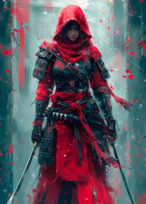 Crimson Ronin: A Digital Painting of a Female Samurai - Premium Wooden Framed Poster. Ready to Hang.