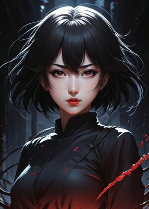 Anime Girl with Fiery Red Eyes - Premium Wooden Framed Poster. Ready to Hang.