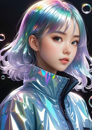 Anime Girl with Holographic Jacket: Digital Art Print - Premium Wooden Framed Poster. Ready to Hang.