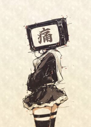 TV Head Anime Girl Sketch: Digital Art Print - Premium Wooden Framed Poster. Ready to Hang.