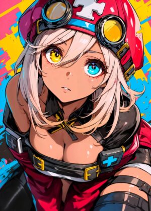 Blonde Anime Girl with Goggles: Vibrant Digital Art Print - Premium Wooden Framed Poster. Ready to Hang.