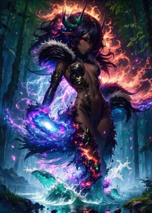 Dark Fantasy Demoness: A Masterpiece of Digital Art - Premium Wooden Framed Poster. Ready to Hang.