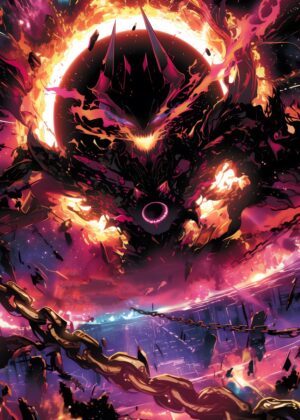 Dark Cosmic Entity: A Fiery Descent into the Abyss - Premium Wooden Framed Poster. Ready to Hang.