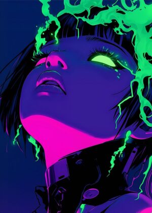 Neon Dreams: Cyberpunk Anime Girl Art Print - Premium Wooden Framed Poster. Ready to Hang.