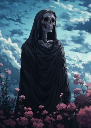 Skeleton in Black Robe: Dark Fantasy Art Print - Premium Wooden Framed Poster. Ready to Hang.