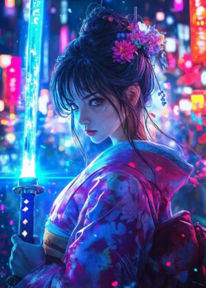 Cyberpunk Samurai Girl: Neon Dreams of Japan - Premium Wooden Framed Poster. Ready to Hang.