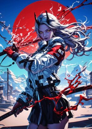 Demon Girl with Katana: Anime Art Print - Premium Wooden Framed Poster. Ready to Hang.