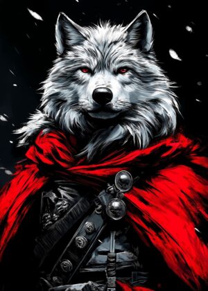 Majestic White Wolf in Crimson Cloak - Premium Wooden Framed Poster. Ready to Hang.