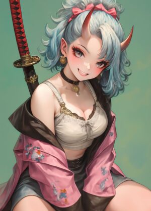 Anime Girl with Horns and Katana: Striking Digital Art Print - Premium Wooden Framed Poster. Ready to Hang.