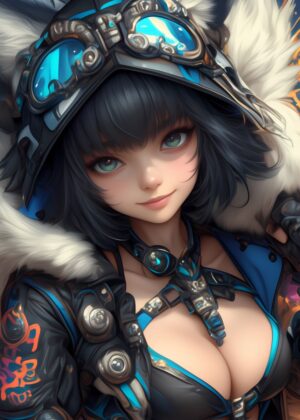 Cyberpunk Anime Girl Goggles Art Print - Premium Wooden Framed Poster. Ready to Hang.