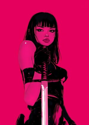 Pink Anime Demon Warrior with Sword Art Print - Premium Wooden Framed Poster. Ready to Hang.
