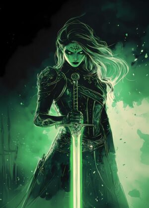 Green-Eyed Demon Warrior Woman with Glowing Sword Art Print - Premium Wooden Framed Poster. Ready to Hang.