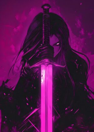Anime Demon Woman Warrior with Glowing Pink Sword - Premium Wooden Framed Poster. Ready to Hang.