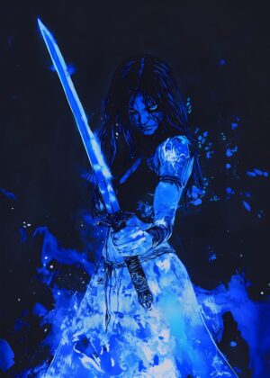 Blue Flame Anime Demon Warrior Girl Art Print - Premium Wooden Framed Poster. Ready to Hang.