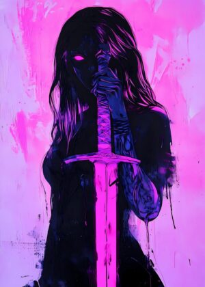 Pink Warrior Demon Woman with Sword: Anime Art Print - Premium Wooden Framed Poster. Ready to Hang.