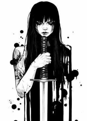Dark Demon Anime Girl with Sword Art Print - Premium Wooden Framed Poster. Ready to Hang.