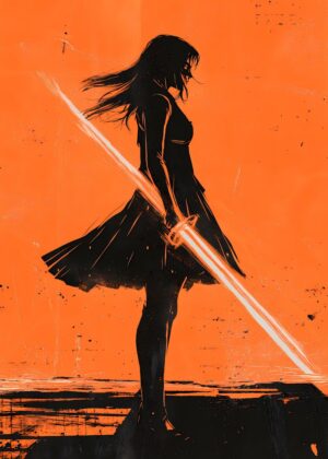 Silhouette of a Dark Anime Warrior with an Orange Sword - Premium Wooden Framed Poster. Ready to Hang.