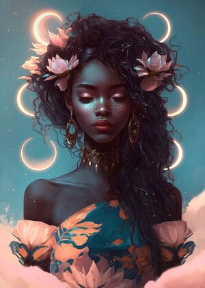 Moonlit Melanin Beauty: Celestial Goddess Art Print - Premium Wooden Framed Poster. Ready to Hang.