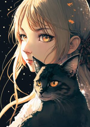 Anime Girl and Cat: A Serene Digital Artwork - Premium Wooden Framed Poster. Ready to Hang.