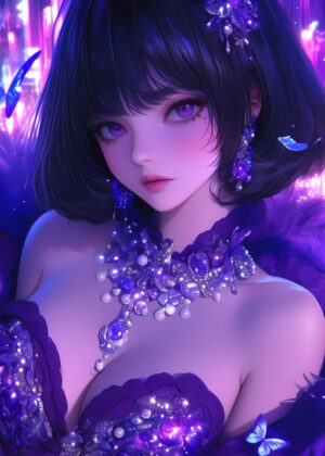 Enchanted Violet: A Mystical Anime Girl - Premium Wooden Framed Poster. Ready to Hang.