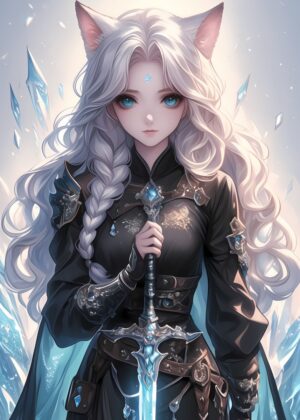 White-Haired Warrior Anime Art Print - Premium Wooden Framed Poster. Ready to Hang.