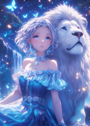 Anime Girl and White Lion: A Dreamlike Encounter - Premium Wooden Framed Poster. Ready to Hang.