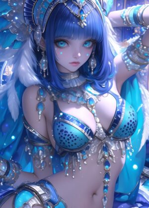 Stunning Blue-Haired Anime Girl in Elegant Costume - Premium Wooden Framed Poster. Ready to Hang.