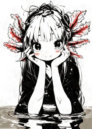 Kawaii Axolotl Anime Girl Art Print - Premium Wooden Framed Poster. Ready to Hang.