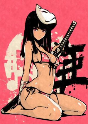 Anime Samurai Girl Art Print: Fierce Beauty and Traditional Style - Premium Wooden Framed Poster. Ready to Hang.